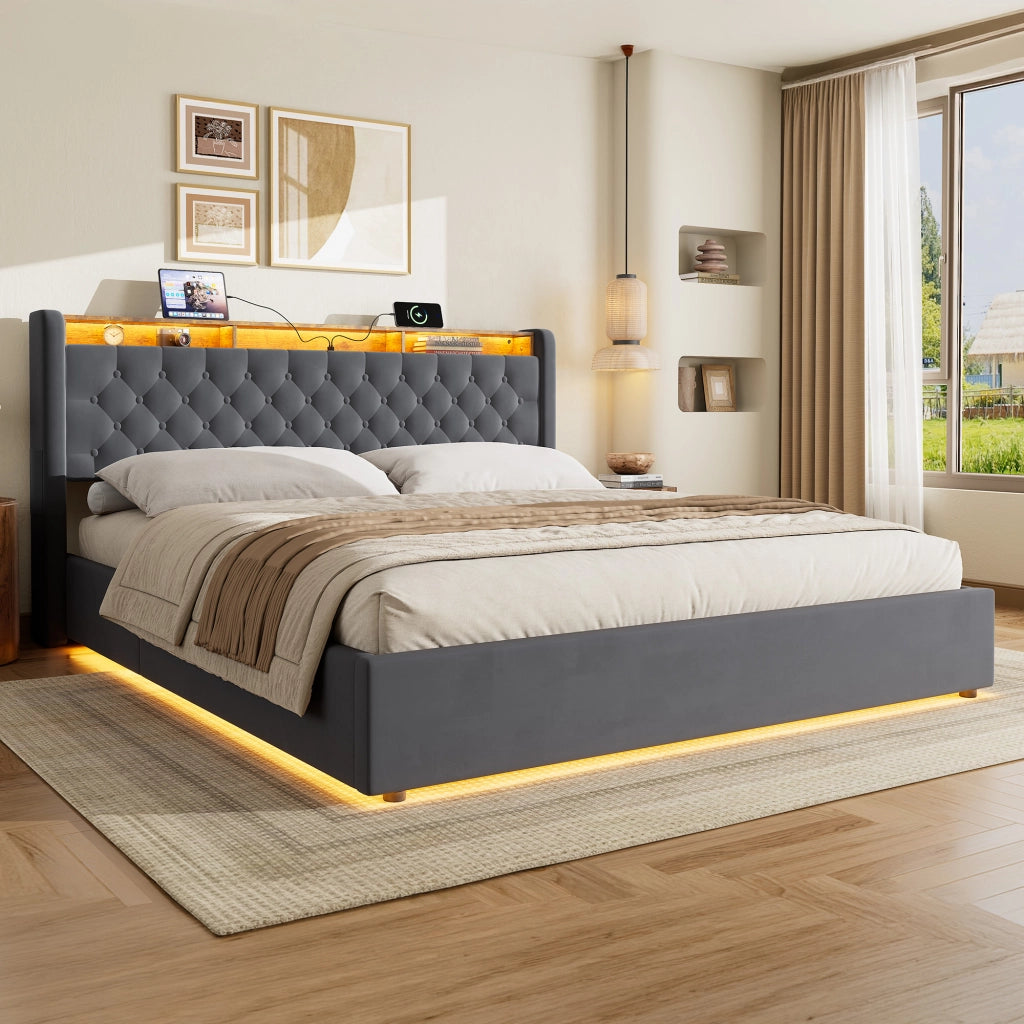 Letto contenitore matrimoniale 180x200 cm;LED;vano contenitore;presa elettrica;testiera reclinabile;base imbottita;grigio scuro;materasso escluso