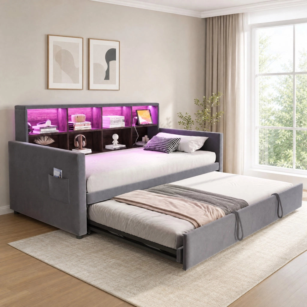 Letto singolo imbottito estraibile in velluto grigio con testiera contenitore LED prese e rete a doghe