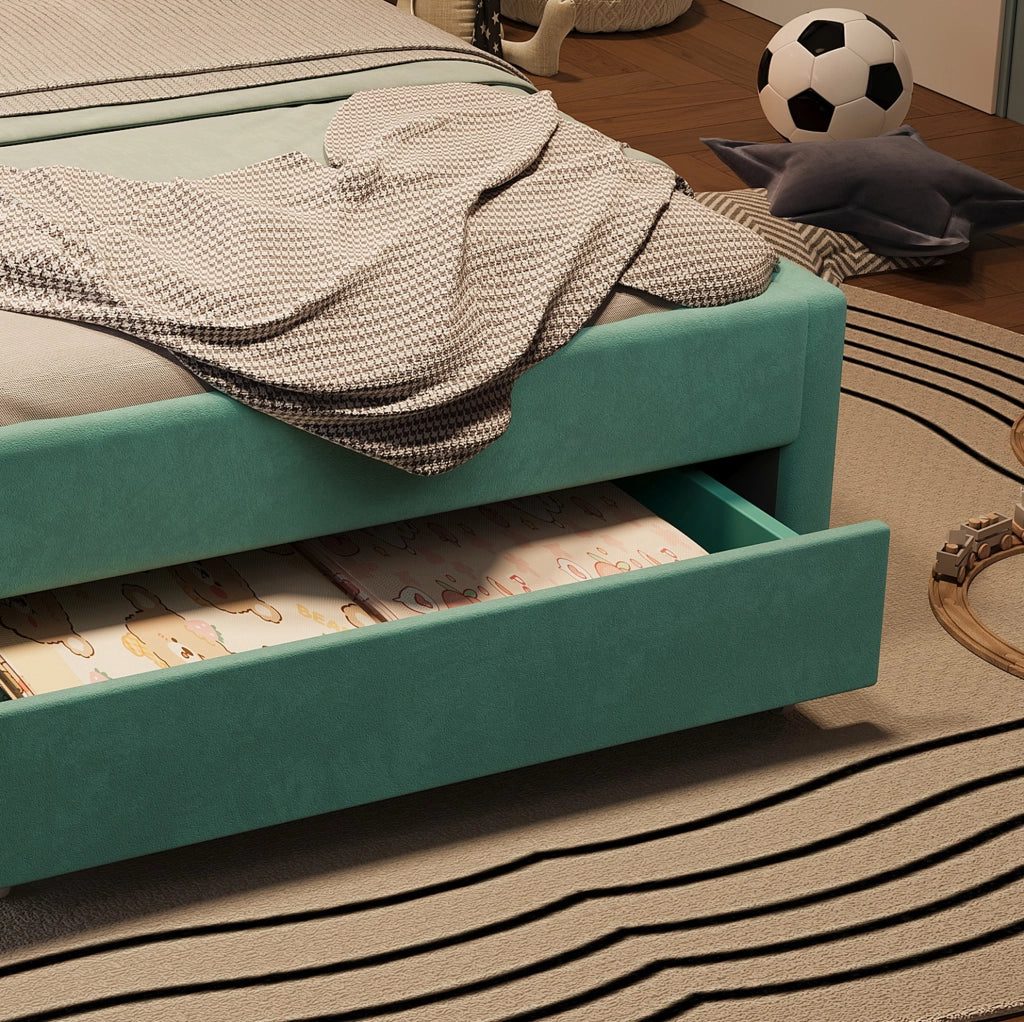 Letto bambini 90x200 cm blu verde imbottito con scivolo reversibile, illuminazione LED, porta di ricarica, ripiani e ampio contenitore sottoletto