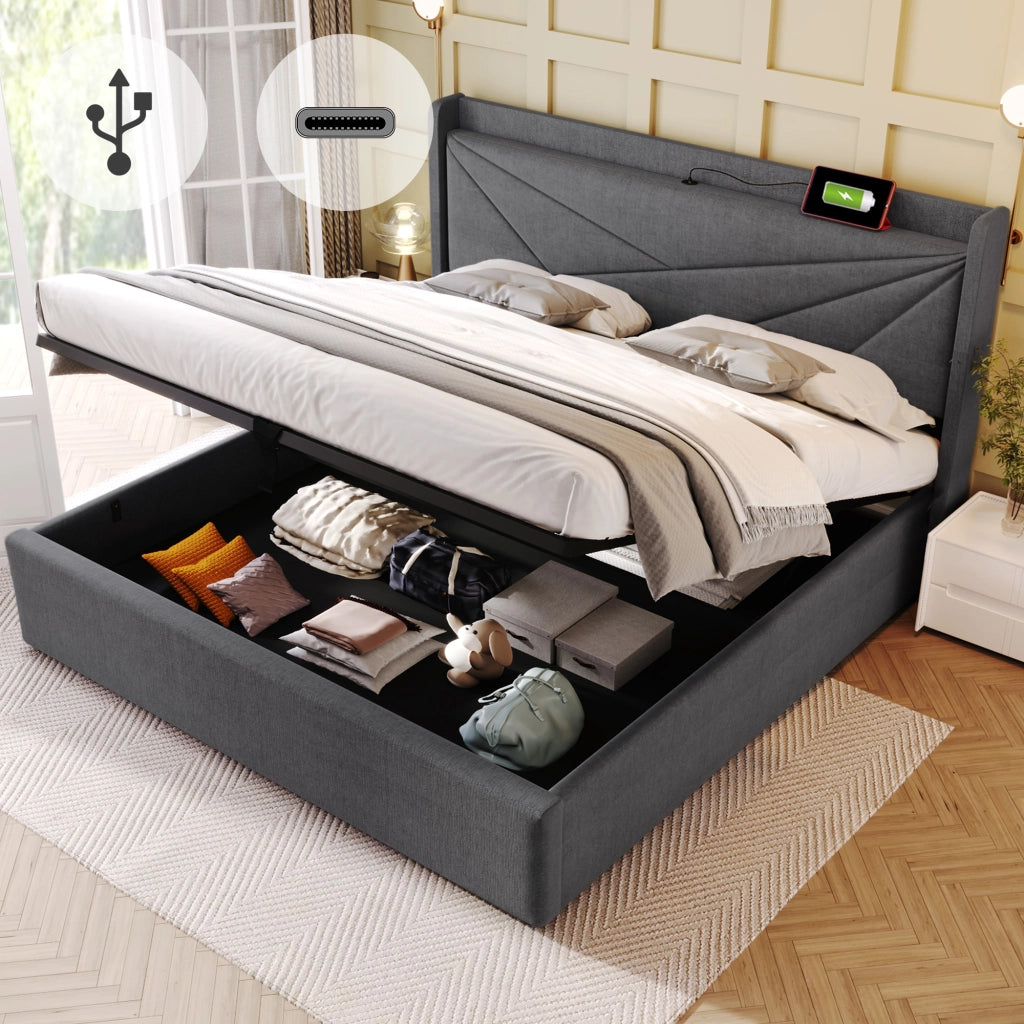Letto Matrimoniale Contenitore 180x200 Letto Imbottito con Porte USB e Type-C in Lino