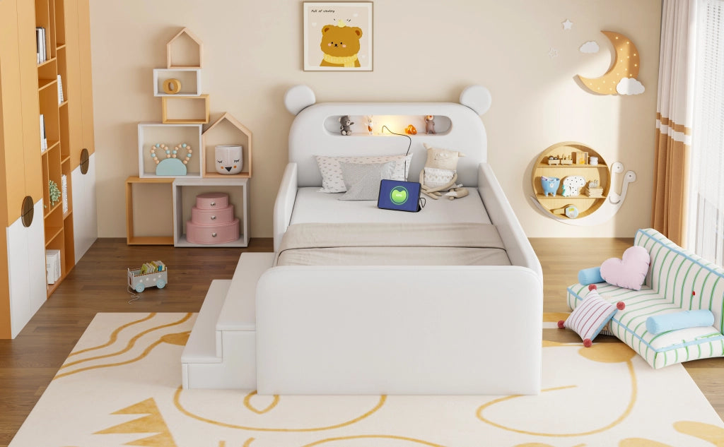 Letto imbattito per bambini con testiera a orsetto; luce notturna; porta USB e contenitore; ecopelle bianca; 90x200 cm; senza materasso