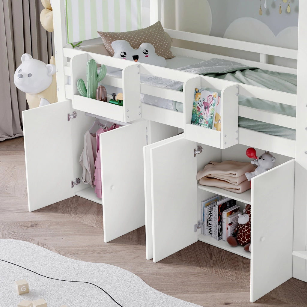 Letto a soppalco per bambini 90 × 200 cm 1 posto con armadio, 5 vani, scala e barriera, senza materasso, bianco e verde