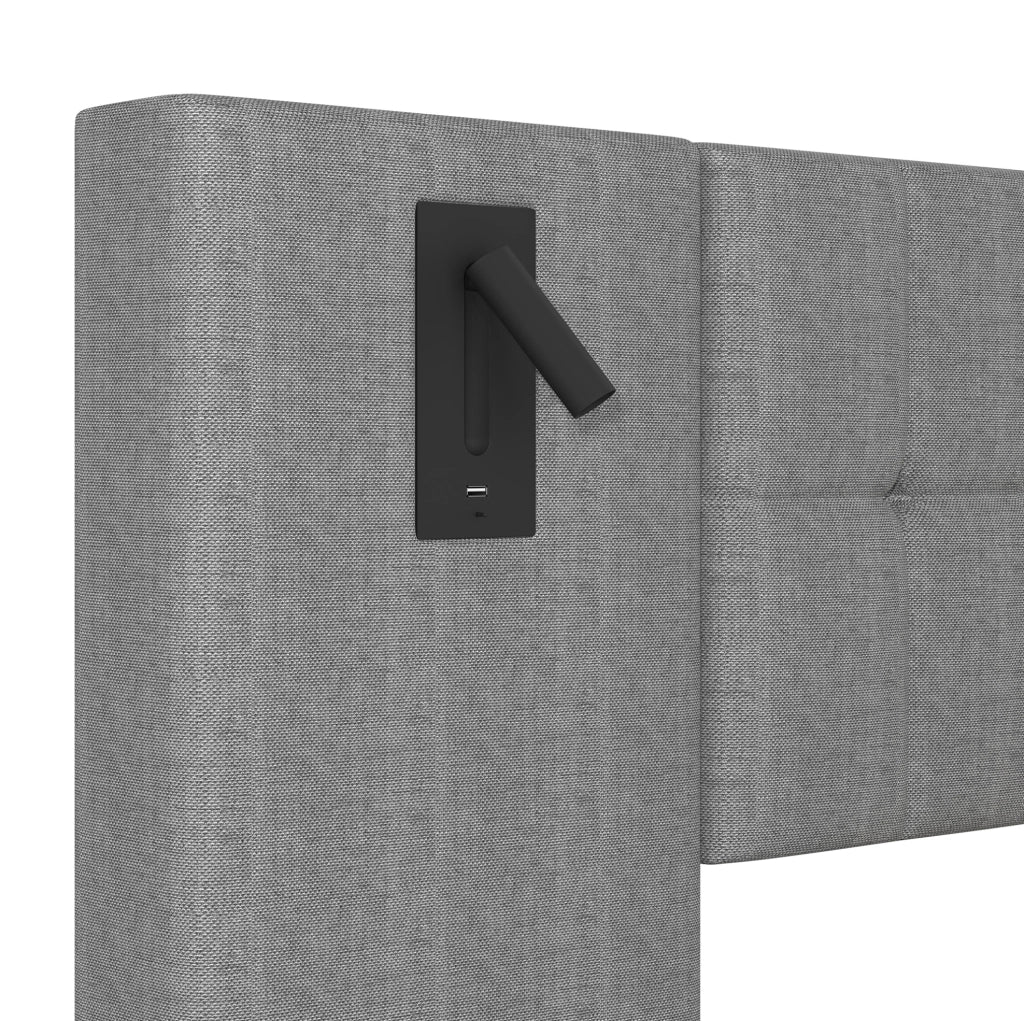 Letto imbottito 180x200 cm in lino grigio con striscia LED, testiera con spot e porta USB, senza materasso