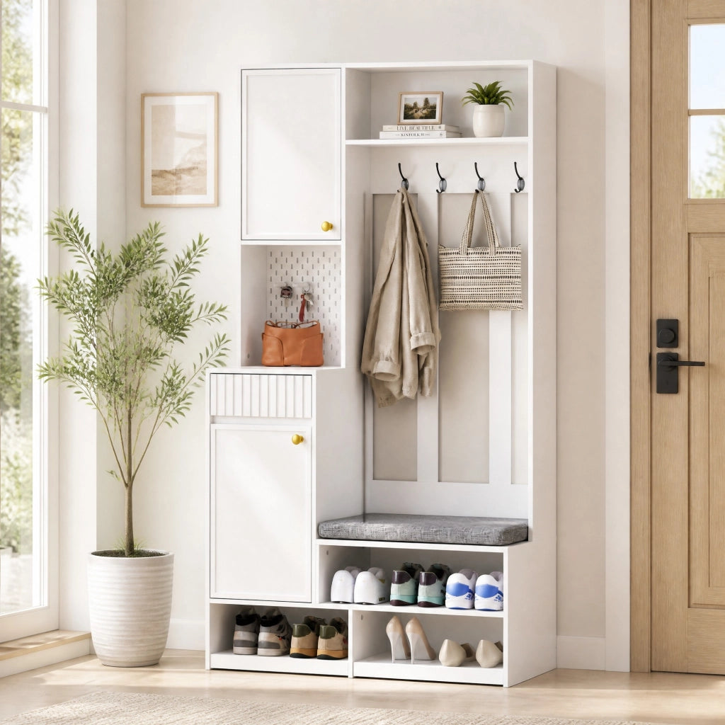 Mobile ingresso 100x35x180 cm con panca imbottita; 2 cassetti e 4 ganci in MDF bianco