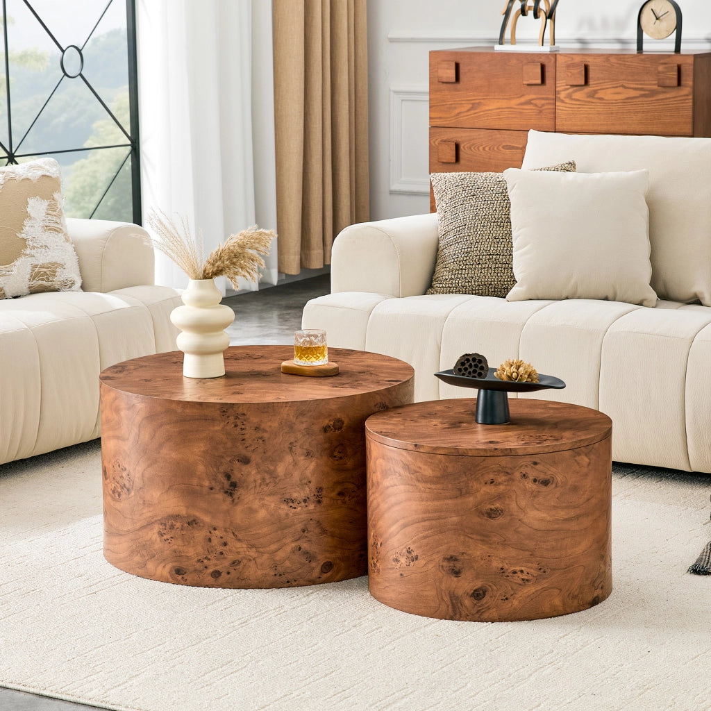 Tavolini da salotto impilabili con vani contenitore e coperchio removibile, finitura legno, in MDF, marrone