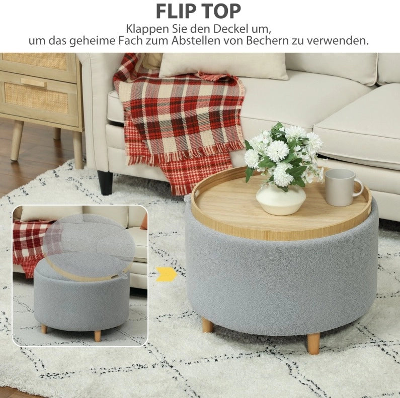 Pouf imbottito con cappello ribaltabile e vano contenitore nascosto, 56x56x42 cm, grigio