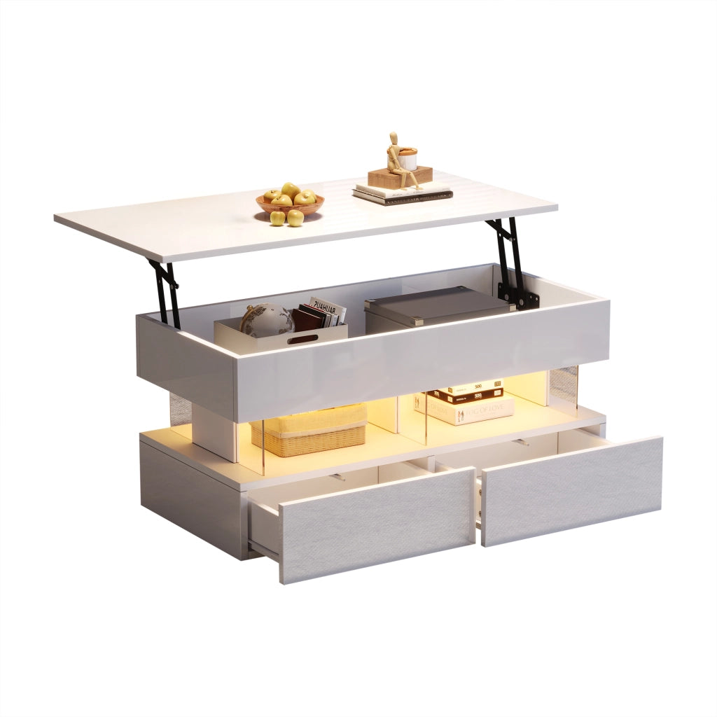 Tavolino basso alzabile con piano idraulico LED Bluetooth; 2 cassetti e vano nascosto bianco 100 × 50 × 46 cm