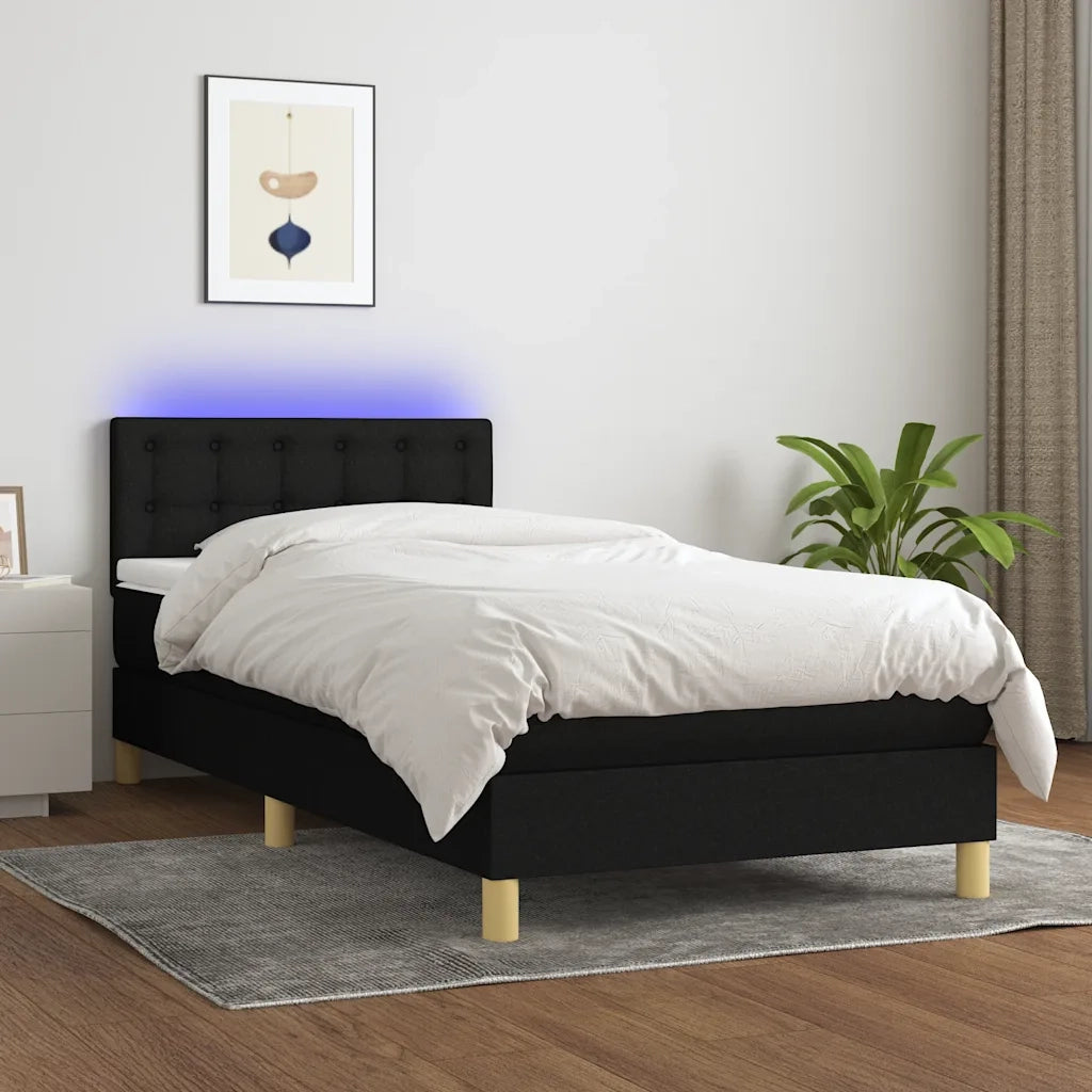 Letto singolo | Letto per adulti | Letto a Molle con Materasso e LED Nero 90x200 cm in Tessuto