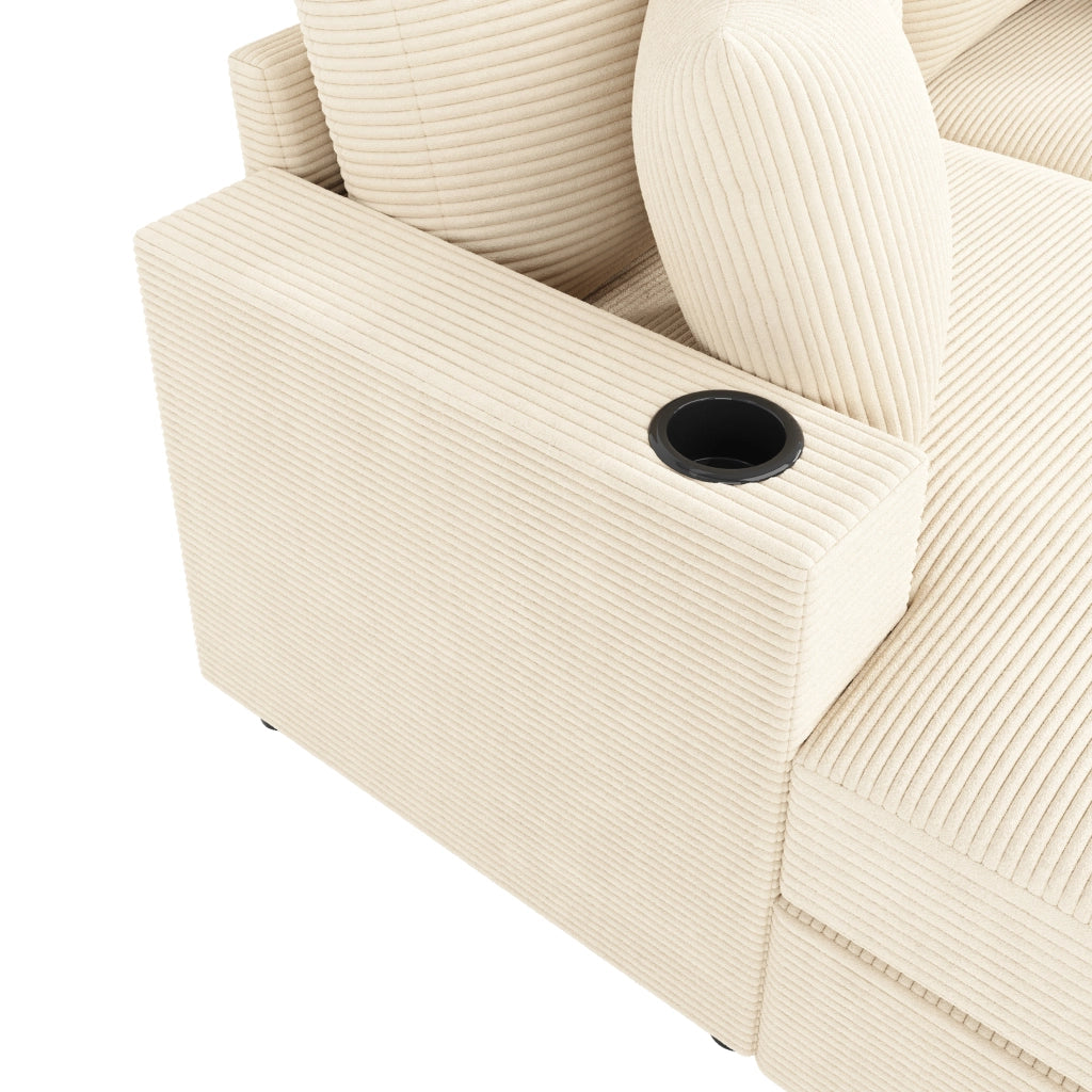 Divano letto 2 posti beige in velluto a coste con USB, USB-C e portabicchieri