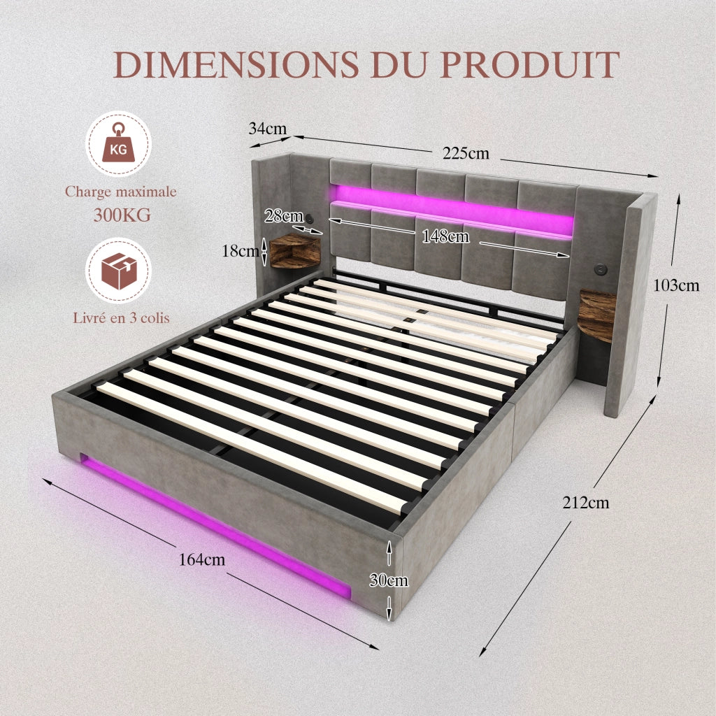 Letto matrimoniale 160 × 200 cm con vano idraulico, LED, USB e armadietti, senza materasso, velluto grigio scuro
