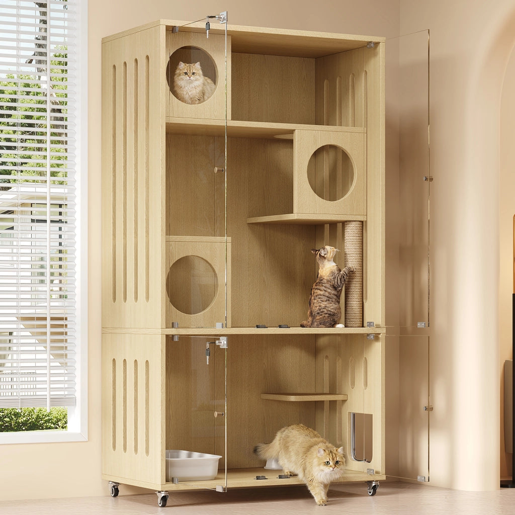 Villa per gatti da interno e gabbia per cincillà in legno naturale 90x50x166 cm