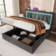 Letto matrimoniale contenitore 160 ¡Á 200 cm in lino grigio con LED USB e porta Type C testiera regolabile