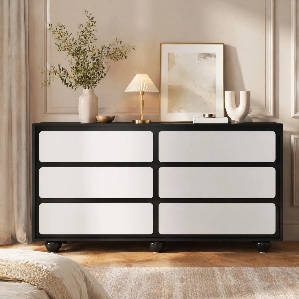 Cassettiera moderna bianca e nera con 6 cassetti, 140 cm