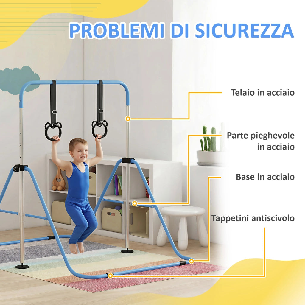 Sbarra Ginnastica Artistica per Bambini 148x105x88-128 cm ad Altezza Regolabile con 2 Anelli in Acciaio Blu