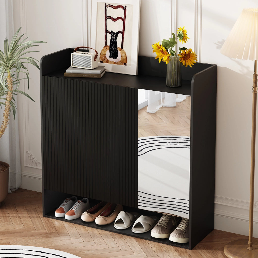 Scarpiera con specchio a figura intera; 110 ¡Á 35;5 ¡Á 110 cm; MDF e truciolare; nera