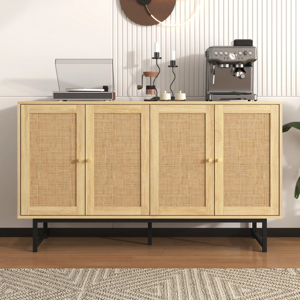 Sideboard 140x39,5x80 cm con intreccio in vero rattan, 4 ante