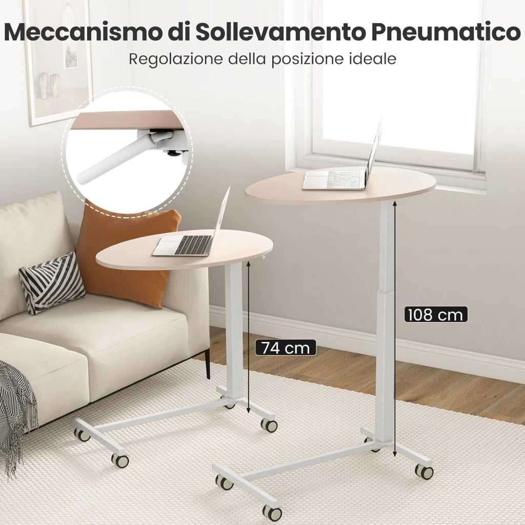 Tavolino da Letto e Divano per PC, Tavolino Regolabile in Altezza con Ruote Bloccabili e Piano Ovale, Tavolino per Mangiare e Lavorare, 76 x 50 x 74-108 cm