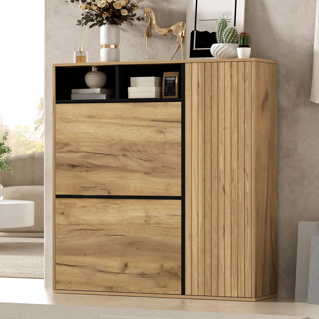 Scarpiera sottile con 2 ribalte e 1 anta, ripiani regolabili, design salvaspazio in legno e nero, 90x24x94 cm