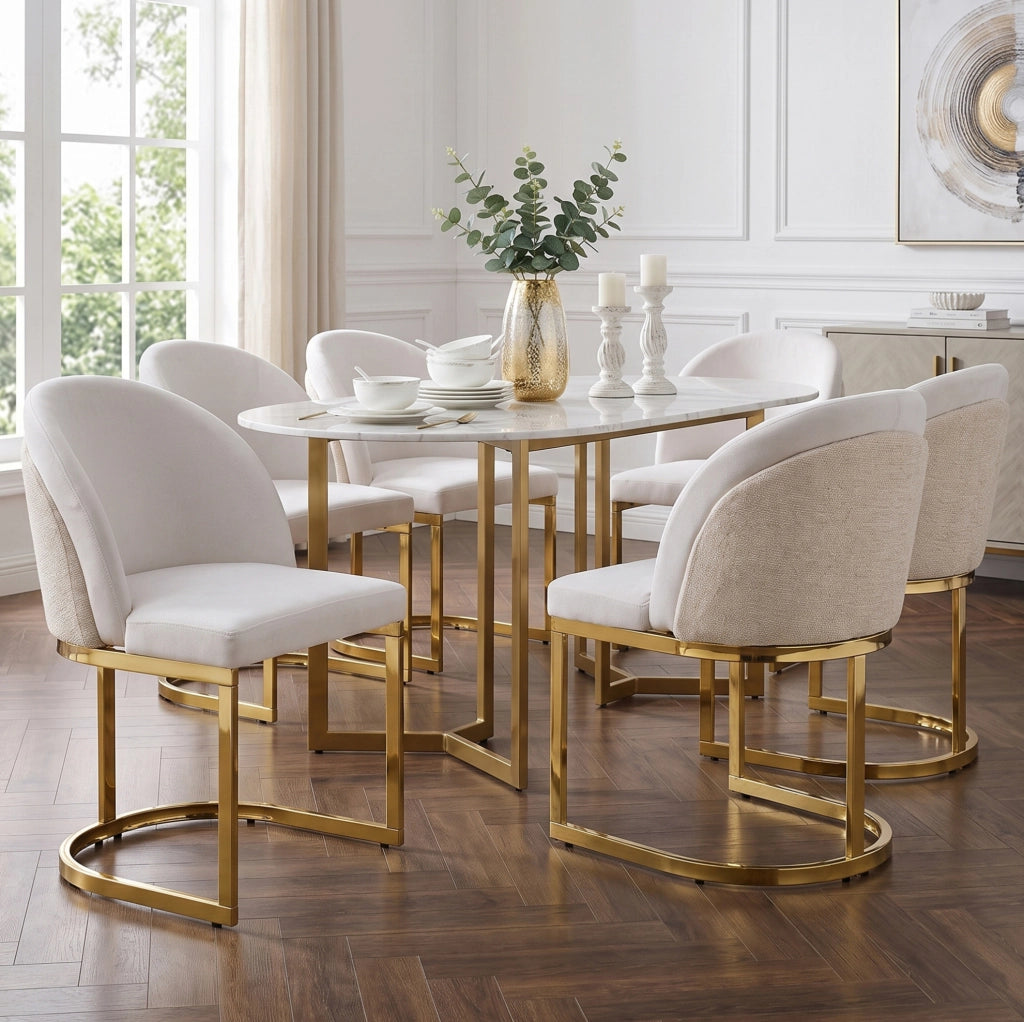 Set di 6 sedie da pranzo in chenille beige e oro
