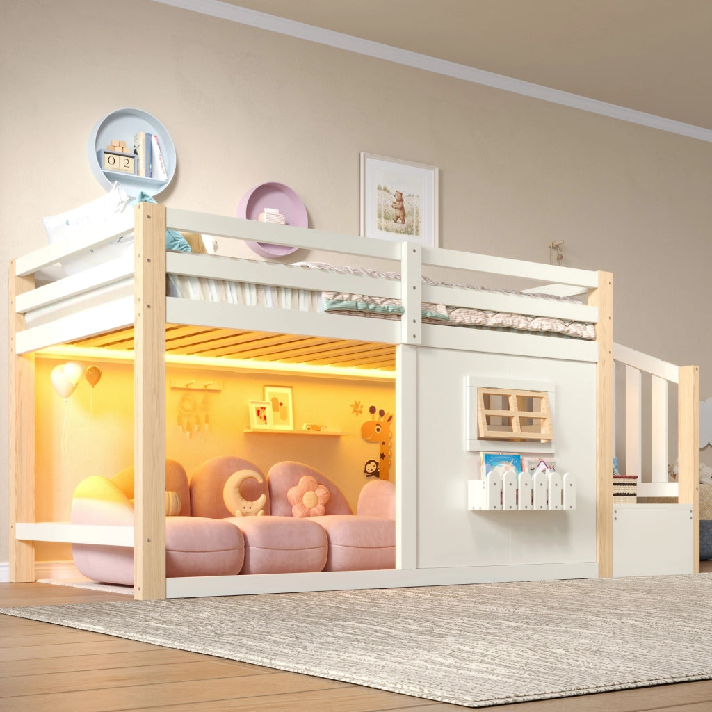 Letto a soppalco 90 × 200 cm con scala contenitore e illuminazione LED in legno di pino e MDF bianco naturale