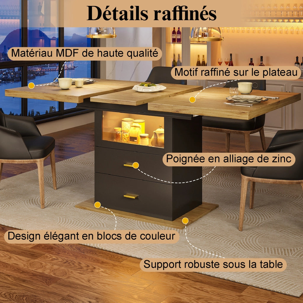 Tavolo da pranzo allungabile 110-140x80x75 cm, 6 posti, con illuminazione LED, per sala da pranzo, cucina o terrazza