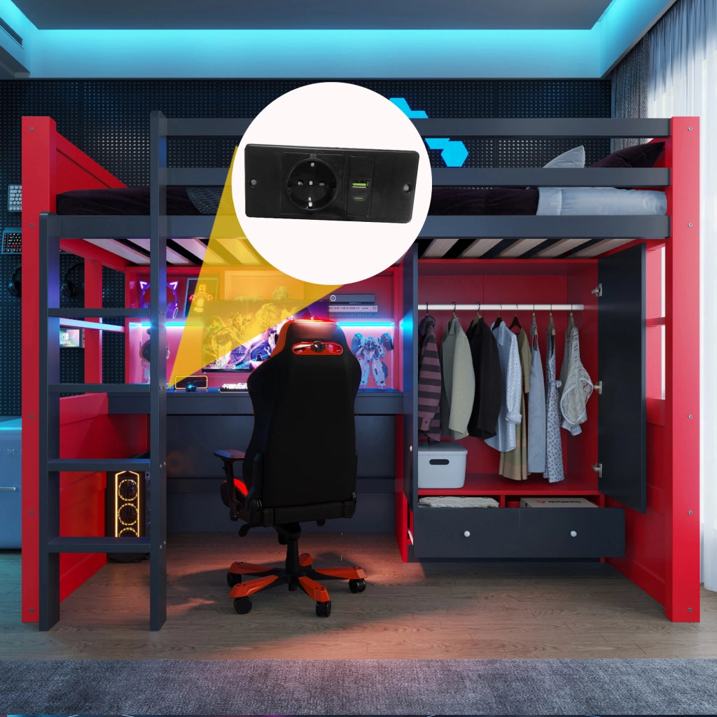 Letto a soppalco 90 × 200 cm con scrivania, armadio, cassetti, LED e prese, senza materasso, nero rosso