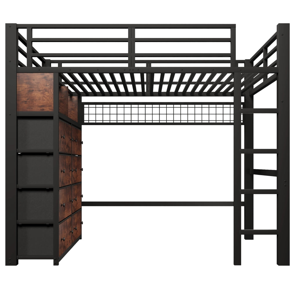 Letto a soppalco 140x200 cm nero con LED, 8 cassetti e ripiani