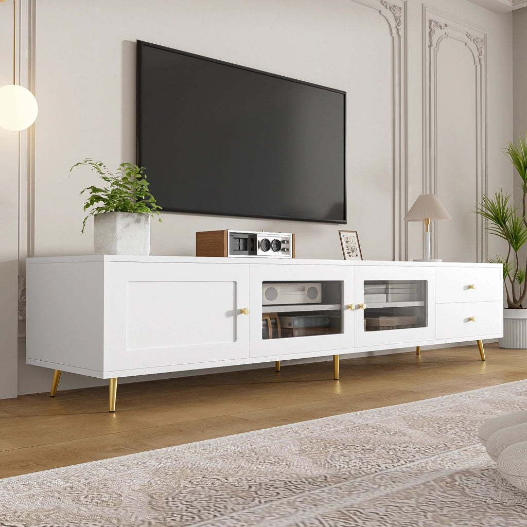 TV-LOWBOARD 170x40x28 cm Bianco in truciolare con 2 cassetti e 2 ante in vetro