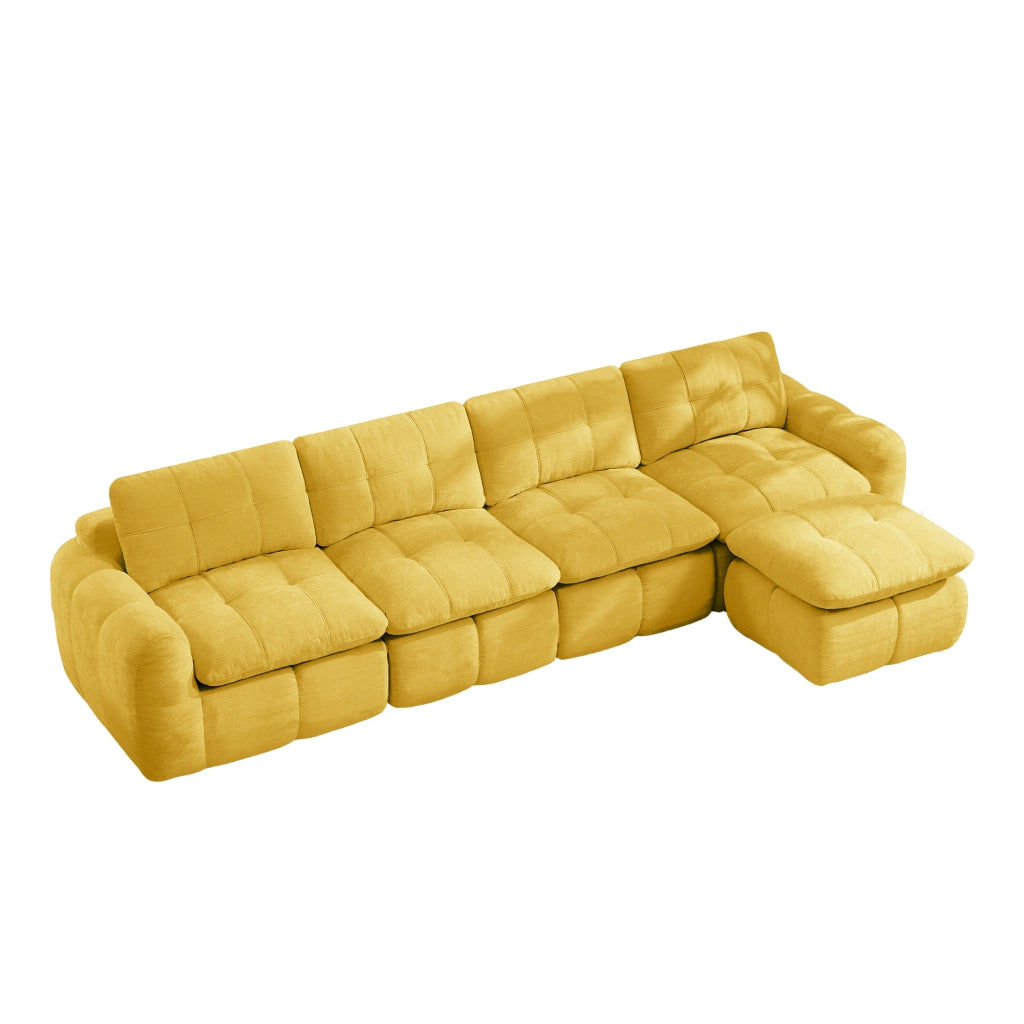 Divano angolare modulare 4 posti con pouf, seduta ergonomica e moduli riconfigurabili in ciniglia giallo