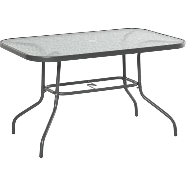 Tavolo da Giardino Rettangolare con Foro per Ombrellone, 120x80x70 cm, Metallo e Vetro Temperato, Nero