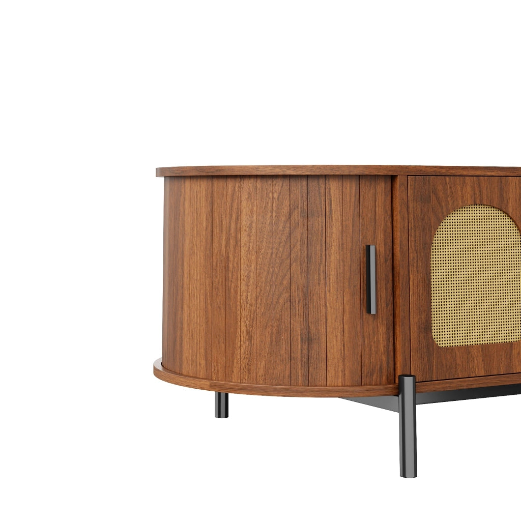 Tavolino basso fisso ovale con ante scorrevoli e anta in rattan MDF color noce con gambe in metallo 100 × 50 × 40 cm