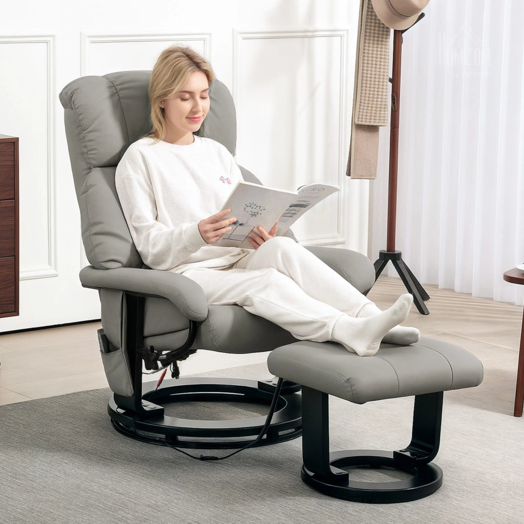 Poltrona relax con poggiapiedi, reclinabile con funzione massaggio e telecomando, ecopelle grigia
