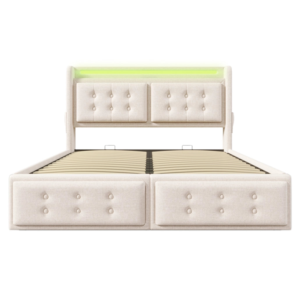 Letto Imbottito Contenitore 140x200 con Testiera LED e USB ¨C MINIMAL ¨C Beige, Cotone, Doghe in Legno