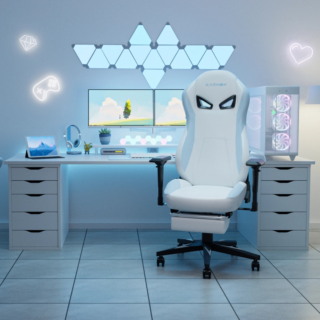 Sedia da gaming ergonomica con poggiapiedi, supporto lombare e braccioli 4D in PU bianco blu