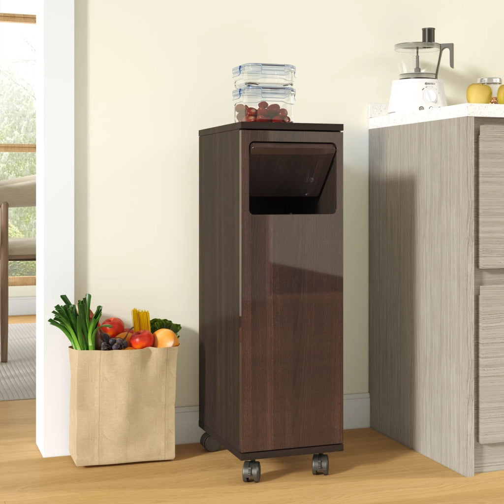 Mobile porta rifiuti 1 anta, armadio cucina scorrevole in noce lucido con ruote nere, per cucina e sala da pranzo, 24,2x35,1x80,2 cm