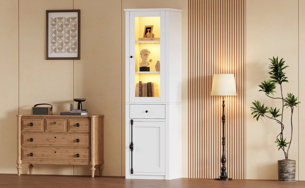 Vetrina in Vetro Bianca Mobile a Colonna 200 cm con Luci LED Cassetto e 2 Ante 55x40 cm