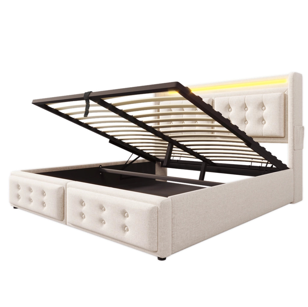 Letto matrimoniale 140x200 con testiera LED, prese USB e materasso incluso