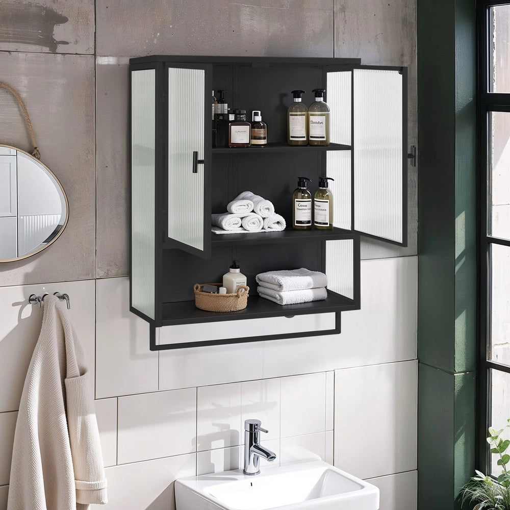 Mobiletto Bagno con Ante in Vetro e Portasalviette ¨C MINIMAL ¨C Nero, 60 cm