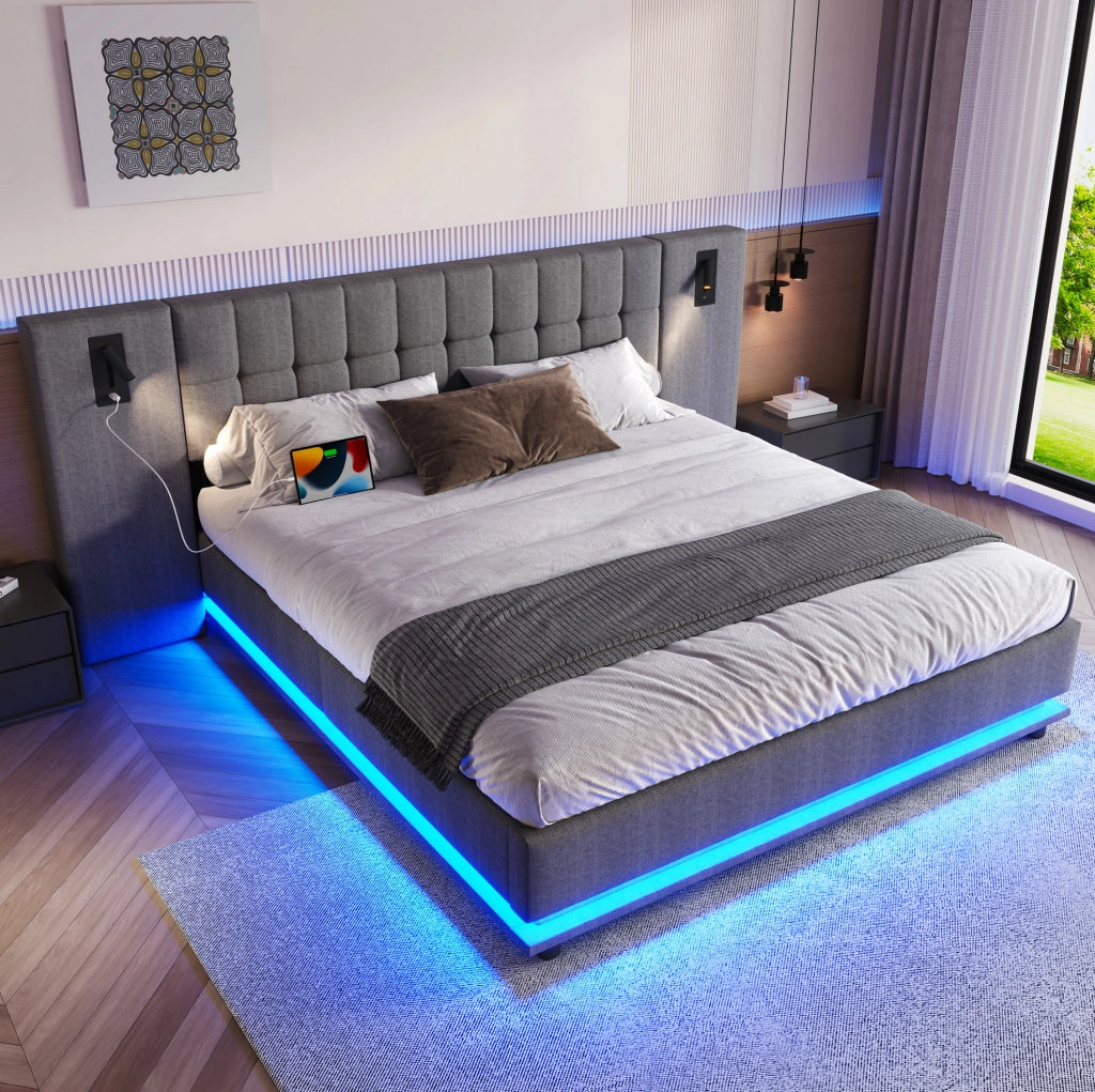 Letto imbottito 180x200 cm in lino grigio con striscia LED, testiera con spot e porta USB, senza materasso