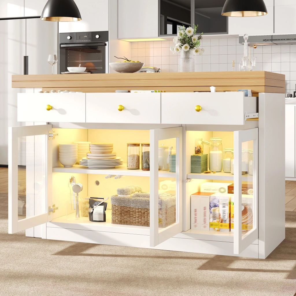 Isola da cucina allungabile con LED RGB; 3 cassetti e ante in vetro; piano in MDF bianco 120-200 × 40 × 75.5 cm