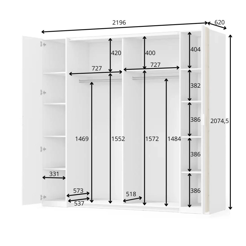 Armadio FLORENCE – Bianco e quercia – 2 porte scorrevoli + 2 a battente – L218 cm – 10 ripiani