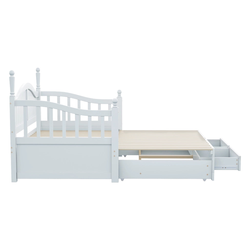 Letto estraibile singolo 90×190 cm e 180×190 cm con 2 cassetti e rete; senza materasso; legno; bianco