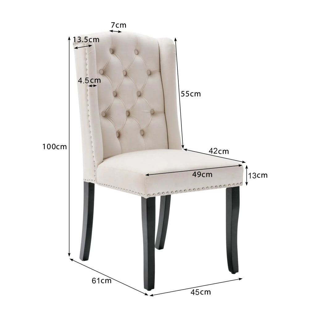 Set 2 Sedie da Pranzo in Velluto Beige con Gambe in Quercia, Bottoni e Borchie Cromate, per Soggiorno e Camera