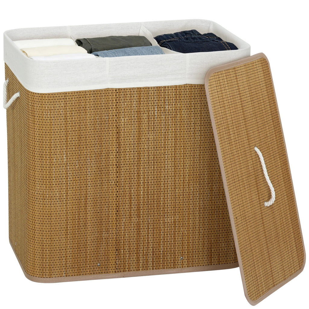 Cestino Lavanderia 144L Bamb¨´ con 3 Scomparti e Maniglia ¨C Minimal ¨C 60x40x60 cm Marrone