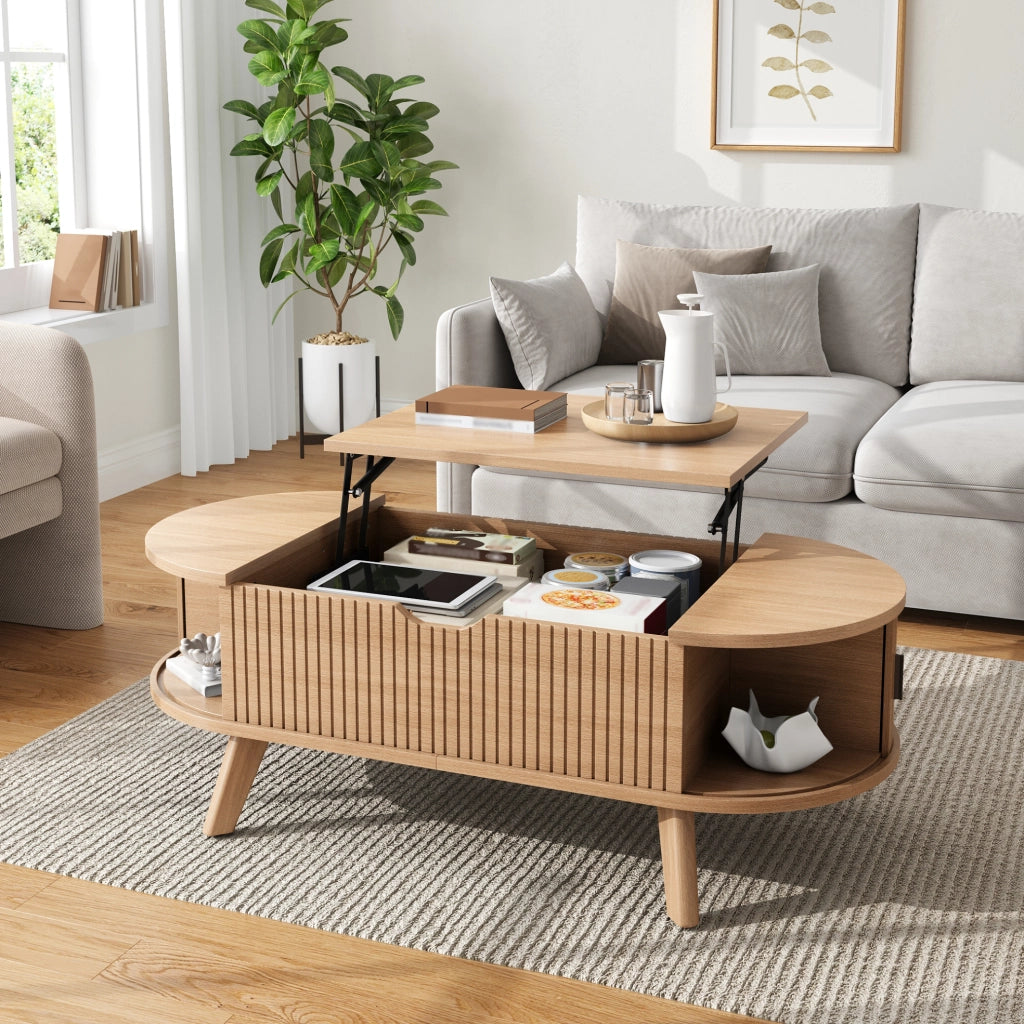 Tavolino da salotto ovale 110x50 cm con piano sollevabile e ante scorrevoli naturale HOMVRA