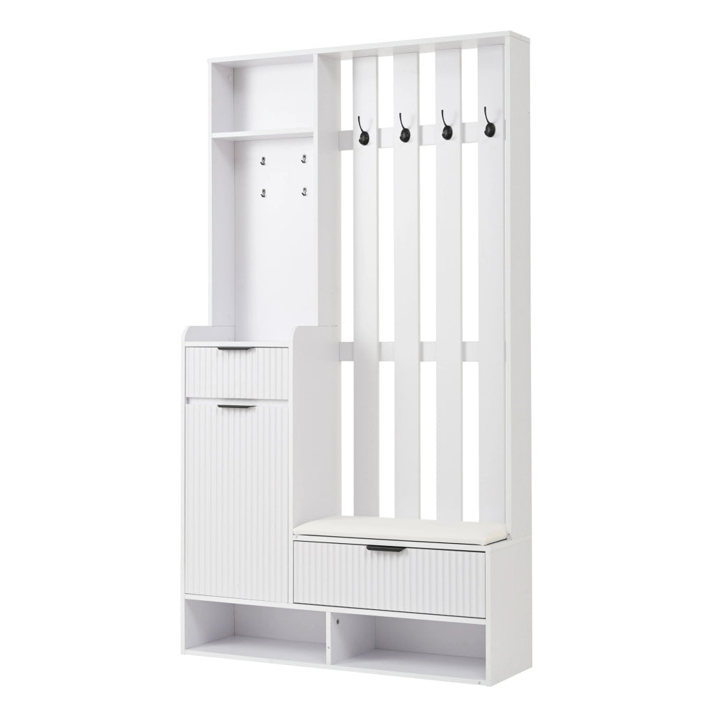 Guardaroba da ingresso 6 in 1 con panca; 8 ganci e contenitore; 100 ¡Á 30 ¡Á 180 cm; bianco