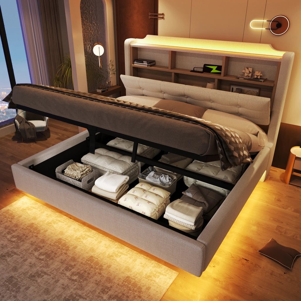 Letto matrimoniale 140 × 200 cm 2 posti con contenitore idraulico; LED; USB e porta tipo C; senza materasso; beige
