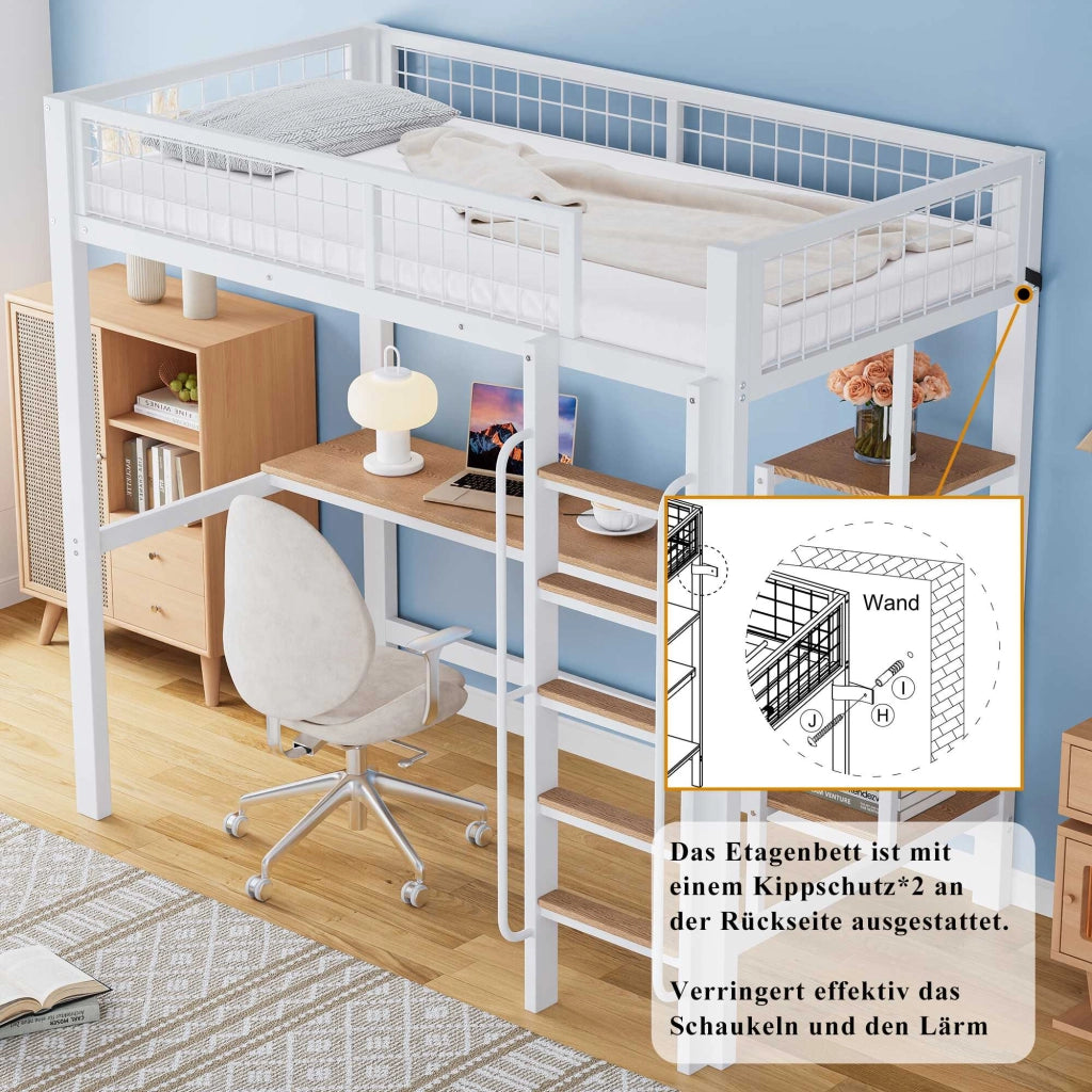 Letto a soppalco 90x200 cm bianco e naturale; metallo e MDF; scrivania; ripiani e scala a 5 gradini