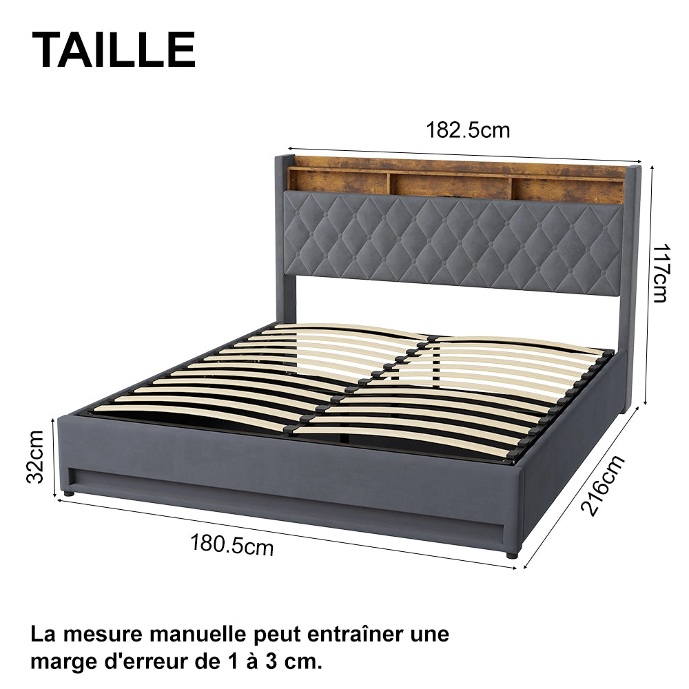 Letto contenitore 180x200 cm; LED RGB; porta USB; testiera imbottita; vano contenitore; mensola; velluto grigio; materasso escluso