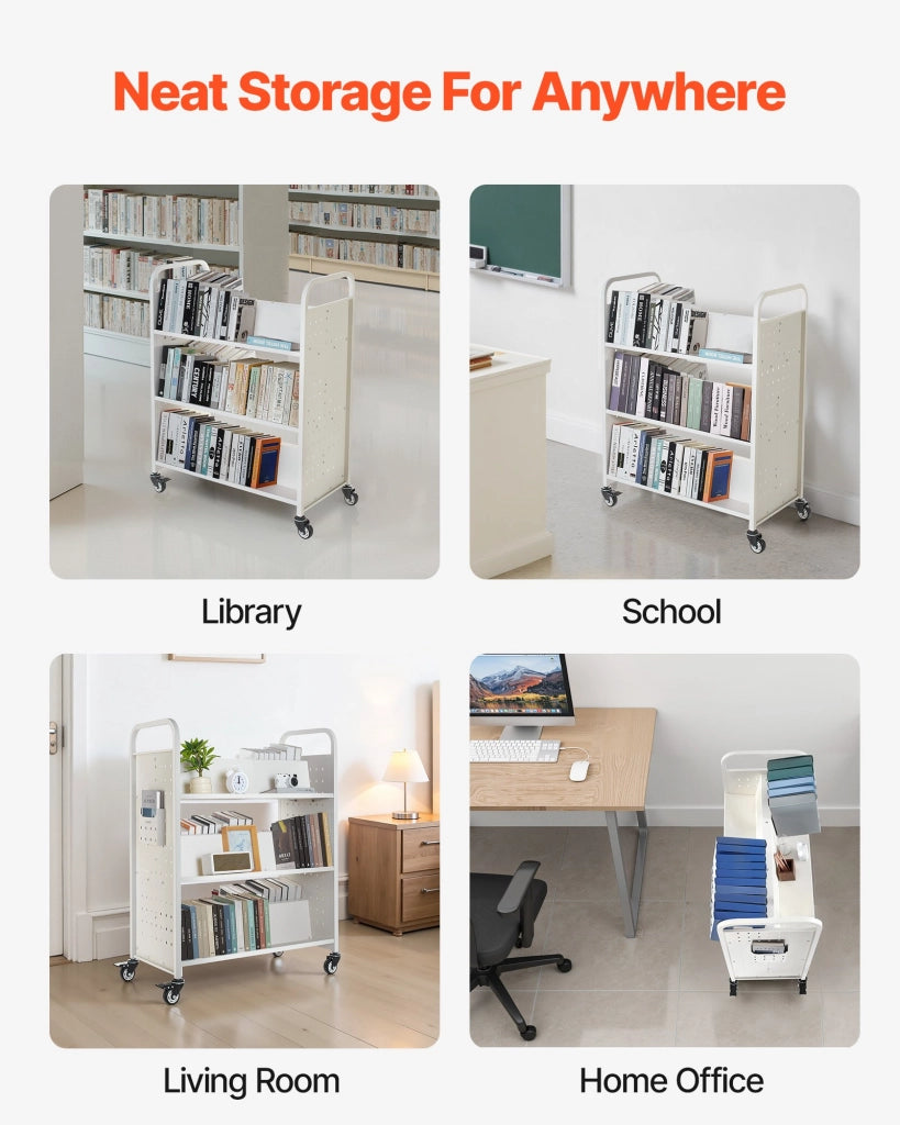Carrello Portalibri con Ruote HXTC-3WD in Acciaio Bianco, Scaffale a W Bifacciale 970 x 515 x 1225 mm, Carico 150 kg Pratico per Casa e Ufficio